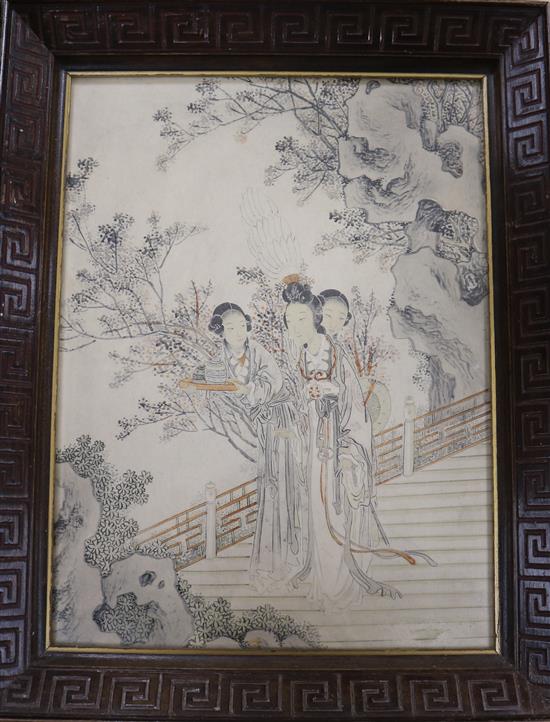 Japanese School, watercolour on paper, Woman and attendants in a garden, 30 x 22cm